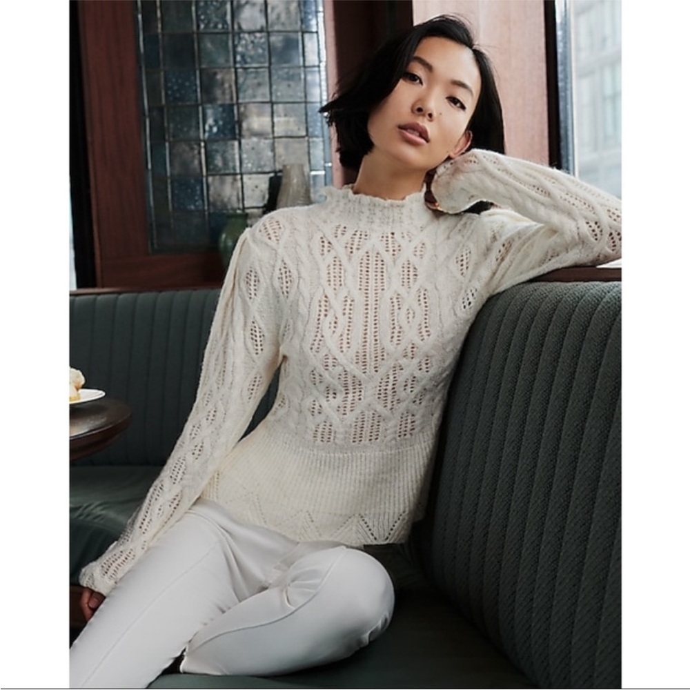 Express Ruffle Mock Neck Pointelle Peplum Sweater Ivory Cream Cable Knit